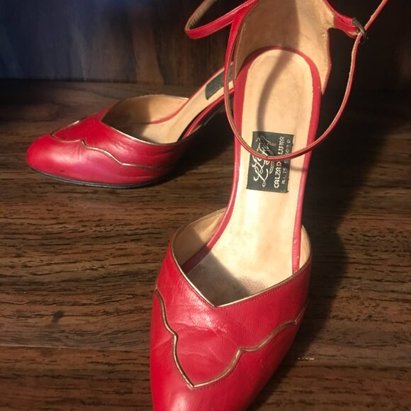 Vintage Red 3 inch Leather Pumps Heels, Gold Accents and Trim, Ankle Strap - Picture 8 of 10
